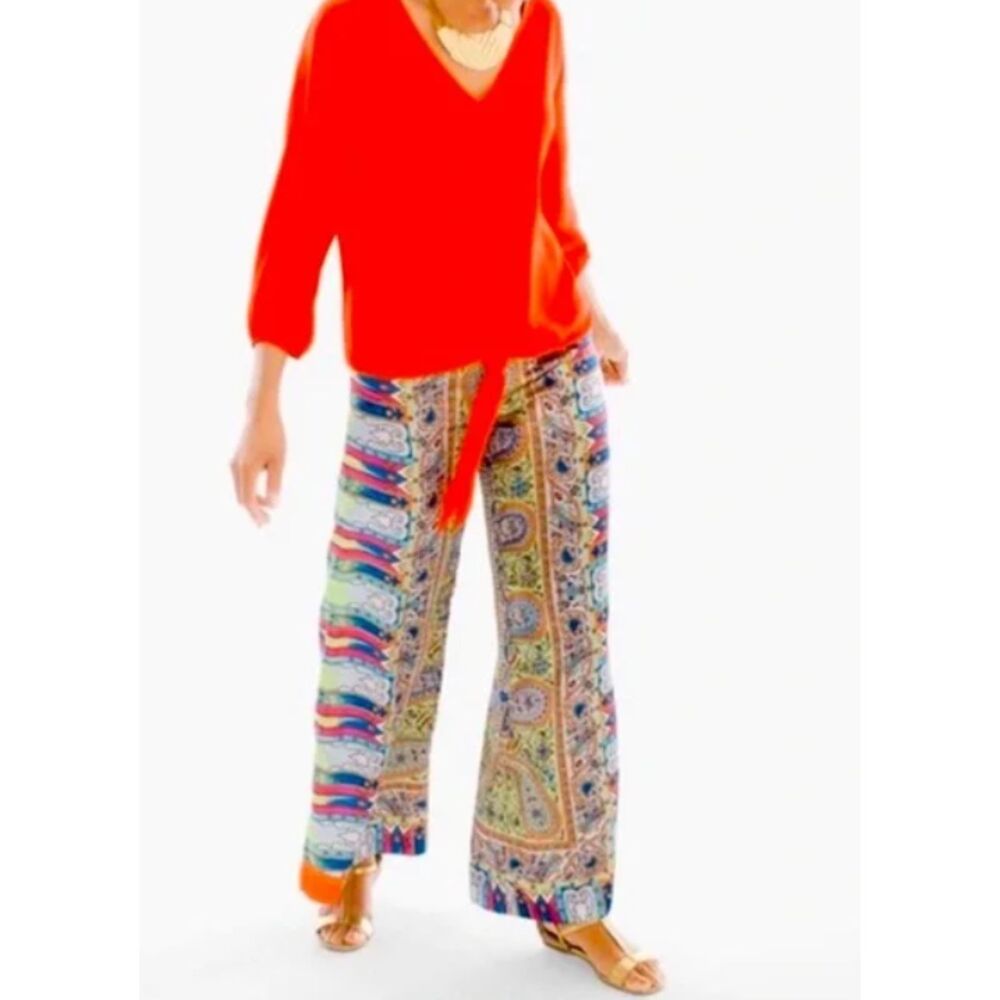 Chico's 0 S Mixed Paisley Scarf Border Print Palazzo Pants Wide Leg Pull On